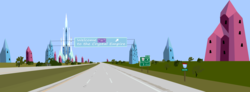 Size: 6906x2533 | Tagged: safe, artist:oceanrailroader, background, building, crystal castle, crystal empire, highway, modernized, road, road sign, sign