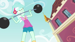 Size: 1280x720 | Tagged: safe, screencap, lyra heartstrings, all's fair in love & friendship games, equestria girls, g4, my little pony equestria girls: friendship games, barbell, biting, weights