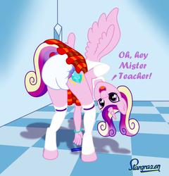 Size: 2779x2889 | Tagged: safe, artist:stargrazer, princess cadance, alicorn, anthro, unguligrade anthro, g4, alternate hairstyle, ass, bent over, butt, butt focus, clothes, costume, diaper, female, high res, implied shining armor, looking at you, non-baby in diaper, poofy diaper, rear view, school uniform, skirt, solo, stockings, talking, thigh highs, toeless legwear, toeless stockings, upskirt