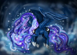 Size: 3508x2480 | Tagged: safe, artist:cvanilda, princess luna, alicorn, pony, g4, female, flying, high res, solo