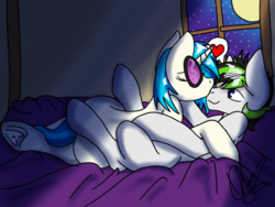 Size: 1024x768 | Tagged: safe, artist:dr-whiskey, dj pon-3, vinyl scratch, oc, pony, g4, bed, canon x oc, duo, heart, kissing, moon, on bed, shipping, stars, sunglasses, window