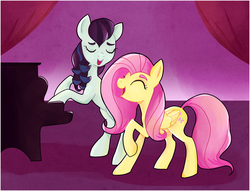 Size: 1250x957 | Tagged: safe, artist:capreola, coloratura, fluttershy, g4, curtains, duet, duo, eyes closed, folded wings, musical instrument, piano, raised hoof, rara, singing, stage