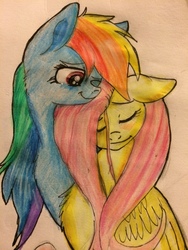 Size: 3264x2448 | Tagged: source needed, safe, artist:snowfoxythefox, fluttershy, rainbow dash, pony, g4, blushing, colored, colored pencil drawing, colored sketch, cuddling, cute, eyes closed, female, high res, lesbian, love, mare, pencil, pencil drawing, ship:flutterdash, shipping, smiling, snuggling, traditional art
