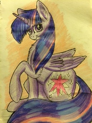 Size: 3264x2448 | Tagged: safe, artist:snowfoxythefox, derpibooru exclusive, twilight sparkle, alicorn, pony, g4, chest fluff, colored, colored pencil drawing, colored sketch, female, high res, pencil, pencil drawing, pose, simple background, smiling, solo, traditional art, twilight sparkle (alicorn)