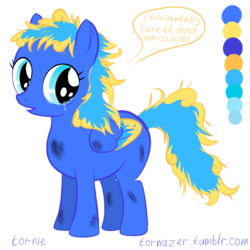 Size: 1280x1280 | Tagged: safe, artist:tornazer, oc, oc only, oc:tornie, burned, crying, dialogue, female, filly, looking at you, open mouth, reference sheet, solo, text