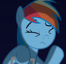 Size: 476x465 | Tagged: safe, screencap, rainbow dash, pegasus, pony, 28 pranks later, g4, blue background, cute, dashabetes, eyes closed, female, flying, frown, hoof hold, mare, simple background, solo