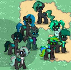 Size: 304x301 | Tagged: safe, oc, oc only, changeling, pony, pony town, group, group photo, hair bow