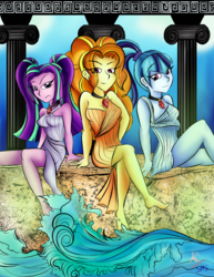 Size: 900x1165 | Tagged: safe, artist:animechristy, adagio dazzle, aria blaze, sonata dusk, equestria girls, g4, aria blaze is not amused, bare legs, barefoot, beautiful, bedroom eyes, breasts, busty adagio dazzle, busty aria blaze, busty sonata dusk, clothes, feet, female, frown, glare, greek, greek clothes, greek mythology, jewelry, looking at you, necklace, pigtails, pillar, ponytail, rock, sitting, sky, sleeveless, smiling, the dazzlings, toga, unamused, water, wave