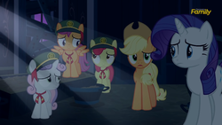 Size: 2208x1242 | Tagged: safe, screencap, apple bloom, applejack, rarity, scootaloo, sweetie belle, pony, zombie, 28 pranks later, g4, clothes, cutie mark crusaders, dark, discovery family logo, filly guides, uniform