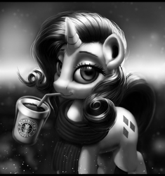 Size: 7000x7444 | Tagged: safe, artist:sceathlet, rarity, pony, unicorn, g4, absurd resolution, clothes, coffee, coffee cup, cup, female, glowing horn, grayscale, horn, magic, monochrome, scarf, solo, starbucks, telekinesis