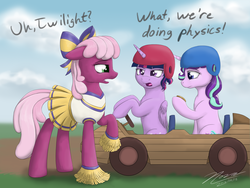 Size: 1024x768 | Tagged: safe, artist:novaintellus, cheerilee, starlight glimmer, twilight sparkle, alicorn, earth pony, pony, unicorn, g4, the cart before the ponies, cheerileeder, cheerleader, dialogue, featured image, female, helmet, kart, mare, nerd pony, open mouth, physics, raised hoof, twilight sparkle (alicorn), watch