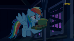 Size: 2208x1242 | Tagged: safe, screencap, rainbow dash, pegasus, pony, zombie, 28 pranks later, g4, barn, cookie, cute, dark, dashabetes, discovery family logo, female, food, grin, mare, smiling, squee