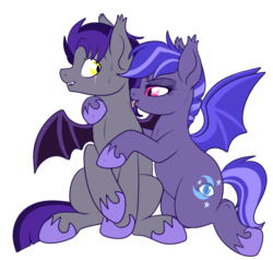 Size: 650x620 | Tagged: safe, artist:lulubell, oc, oc only, oc:biohazard skies, oc:night watch, bat pony, pony, bad touch, bedroom eyes, female, female on male, femdom, grooming, licking, lip bite, male, malesub, mare, nighthazard, oc x oc, piercing, shipping, simple background, sitting, smiling, spread wings, stallion, straight, submissive, sweat, tongue out, transparent background, uncomfortable