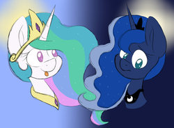 Size: 599x442 | Tagged: safe, artist:myshakov, princess celestia, princess luna, alicorn, pony, g4, :p, crown, cute, duo, duo female, female, gradient background, jewelry, moon, regalia, royal sisters, siblings, sillestia, silly, sisters, sun, tongue out