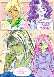Size: 2480x3508 | Tagged: safe, artist:kyotoxart, applejack, discord, fluttershy, rarity, anthro, g4, three's a crowd, clothes, comic, female, high res, male, ship:discoshy, shipping, sick, spanish, straight, sweater, sweatershy, tissue, translated in the comments