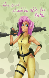 Size: 1050x1680 | Tagged: safe, artist:keepare, fluttershy, human, g4, badass, belt, clothes, female, flutterbadass, gun, hand on hip, humanized, looking at you, rifle, solo, trigger discipline, weapon