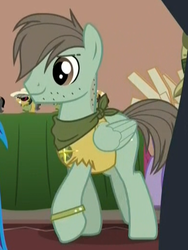 Size: 387x514 | Tagged: safe, screencap, neighan drake, pegasus, pony, g4, stranger than fan fiction, background pony, clothes, cropped, male, neckerchief, shirt, solo, stallion, stubble, torn clothes