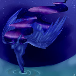 Size: 2000x2000 | Tagged: safe, artist:procrastinationdoods, princess luna, g4, eyes closed, female, flying, high res, ripple, solo, stars, water