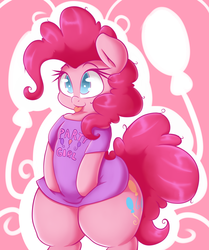 Size: 2033x2428 | Tagged: safe, artist:graphene, pinkie pie, earth pony, semi-anthro, g4, bipedal, chubby, clothes, cute, diapinkes, female, high res, mare, no pupils, shirt, solo, thighs, thunder thighs, tongue out