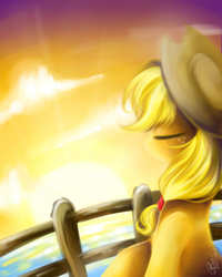 Size: 1024x1280 | Tagged: safe, artist:pinkymynery2212, applejack, g4, eyes closed, female, solo, sunset