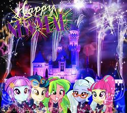 Size: 640x573 | Tagged: artist needed, safe, indigo zap, lemon zest, sour sweet, sugarcoat, sunny flare, equestria girls, g4, clothes, crossed arms, crystal prep academy uniform, crystal prep shadowbolts, disneyland, fireworks, goggles, headphones, holly, new year, school uniform, shadow five