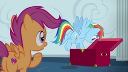 Size: 1100x618 | Tagged: safe, screencap, rainbow dash, scootaloo, pegasus, pony, g4, the cart before the ponies, butt, cutie mark, eyes on the prize, female, filly, looking at butt, mare, plot, the cmc's cutie marks