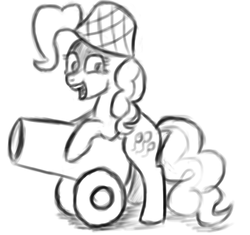Size: 1546x1453 | Tagged: safe, artist:itsthinking, pinkie pie, g4, digital, female, guardians of harmony, monochrome, party cannon, sketch, smiling, solo