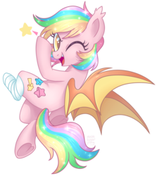 Size: 2872x3218 | Tagged: safe, artist:centchi, artist:hawthornss, oc, oc only, oc:paper stars, bat pony, pony, amputee, cute, cute little fangs, fangs, high res, looking at you, one eye closed, rainbow hair, simple background, solo, sparkly mane, transparent background, underhoof, wink