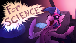 Size: 3940x2250 | Tagged: safe, artist:marsminer, twilight sparkle, pony, g4, bipedal, clothes, dialogue, female, for science, goggles, high res, lab coat, mare, open mouth, reaction image, science, smiling, solo, that pony sure does love science