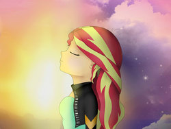 Size: 1024x768 | Tagged: safe, artist:rainbowsmile6, sunset shimmer, equestria girls, g4, clothes, eyes closed, female, jacket, leather jacket, solo, twilight (astronomy)