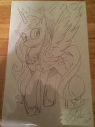 Size: 3264x2448 | Tagged: safe, artist:andypriceart, applejack, alicorn, pony, g4, applecorn, cowboy hat, crown, element of honesty, female, hat, high res, horseshoes, jewelry, monochrome, pencil drawing, peytral, race swap, regalia, solo, stetson, traditional art