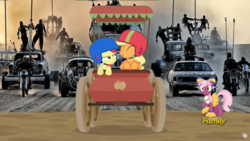 Size: 1916x1080 | Tagged: safe, edit, apple bloom, applejack, cheerilee, g4, the cart before the ponies, mad max, mad max fury road