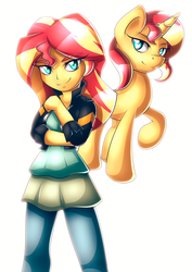 Size: 1024x1448 | Tagged: safe, artist:ikuvaito, sunset shimmer, human, pony, unicorn, equestria girls, g4, clothes, female, human ponidox, jacket, leather jacket, pants, simple background, smiling, solo