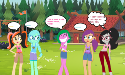 Size: 1313x785 | Tagged: safe, artist:obeliskgirljohanny, oc, oc only, oc:lavender bliss, oc:marmalade meringue, oc:seraphim cyanne, oc:turtledove, oc:ultraviolet, equestria girls, g4, base used, belly button, camp everfree, glasses, smiling, speechless, thought bubble