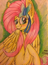 Size: 3264x2448 | Tagged: safe, artist:snowfoxythefox, derpibooru exclusive, fluttershy, butterfly, g4, accessory, blushing, chest fluff, colored, colored pencil drawing, colored sketch, cute, female, hiding behind mane, high res, pencil, pencil drawing, shyabetes, simple background, solo, traditional art