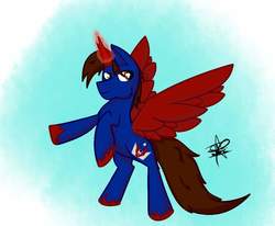 Size: 1216x1000 | Tagged: safe, artist:callie burtcher, oc, oc only, oc:crimson crown, alicorn, pony, alicorn oc, flying, horn, male, solo, unshorn fetlocks, wings