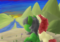 Size: 1414x1000 | Tagged: safe, artist:happy harvey, twist, oc, oc:anon, oc:filly anon, g4, cliff, colored, female, filly, flower, friends, grass, hill, leaning, looking away, phone drawing, river, scenery, shading, sunset, tail