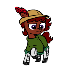 Size: 640x600 | Tagged: safe, artist:ficficponyfic, artist:methidman, color edit, edit, oc, oc only, oc:ruby rouge, earth pony, pony, colt quest, child, clothes, colored, concerned, dress, feather, female, filly, foal, frown, hat, leggings, simple background, solo, tomboy, white background