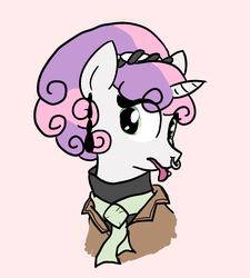 Size: 1366x1519 | Tagged: safe, artist:tanmansmantan, sweetie belle, pony, unicorn, g4, alternate hairstyle, bust, clothes, female, headband, necktie, nose piercing, nose ring, older, piercing, portrait, simple background, solo, tongue out