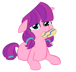 Size: 1122x1065 | Tagged: safe, artist:tanmansmantan, lily longsocks, earth pony, pony, g4, adorasocks, cookie, cute, floppy ears, food, lilydorable, mouth hold, simple background, solo, white background