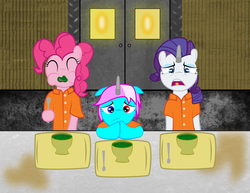 Size: 2160x1669 | Tagged: safe, artist:spellboundcanvas, pinkie pie, rarity, oc, oc:gemstone hammerhoof, g4, clothes, disgusted, heterochromia, prison, prison outfit, prisoner pp, prisoner ry