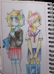 Size: 788x1080 | Tagged: safe, artist:aphphphphp, fluttershy, rainbow dash, anthro, g4, clothes, juice, juice box, school uniform, traditional art