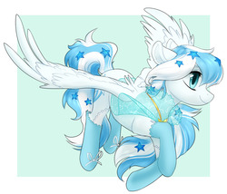 Size: 1280x1095 | Tagged: safe, artist:aphphphphp, oc, oc only, oc:starline, pegasus, pony, abstract background, clothes, ear fluff, female, flying, frilly socks, mare, profile, see-through, smiling, socks, solo, spread wings, wings