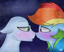 Size: 1024x832 | Tagged: dead source, safe, artist:northlights8, rainbow dash, soarin', pony, g4, blushing, female, imminent kissing, male, ship:soarindash, shipping, straight