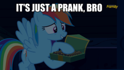Size: 1334x750 | Tagged: safe, edit, edited screencap, screencap, rainbow dash, pegasus, pony, 28 pranks later, g4, season 6, awkward smile, caption, cookie, cute, dashabetes, discovery family logo, female, flying, food, grin, image macro, it's just a prank bro, mare, meme, nervous, smiling, solo, spread wings, wide eyes, wings
