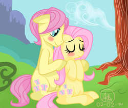 Size: 1024x868 | Tagged: safe, artist:nekomash, fluttershy, g4, blushing, butterscotch, female, male, rule 63, self ponidox, selfcest, ship:flutterscotch, shipping, straight, tree