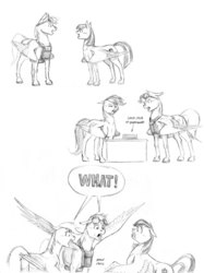 Size: 1100x1473 | Tagged: safe, artist:baron engel, blossomforth, rainbow dash, oc, oc:sky brush, g4, canon x oc, comic, goggles, monochrome, paperwork, pencil drawing, shipping, traditional art