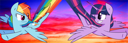 Size: 4680x1568 | Tagged: safe, artist:nederside, rainbow dash, twilight sparkle, alicorn, pony, g4, flying, twilight sparkle (alicorn)