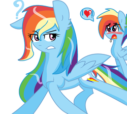 Size: 1568x1408 | Tagged: safe, artist:nederside, rainbow dash, g4, blushing, drool, female, male, question mark, rainbow blitz, rule 63, self ponidox, selfcest, ship:dashblitz, shipping, straight