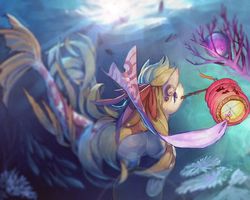 Size: 1024x819 | Tagged: safe, artist:dirtytimi, oc, oc only, oc:lana, sea pony, mouth hold, solo, underhoof, underwater